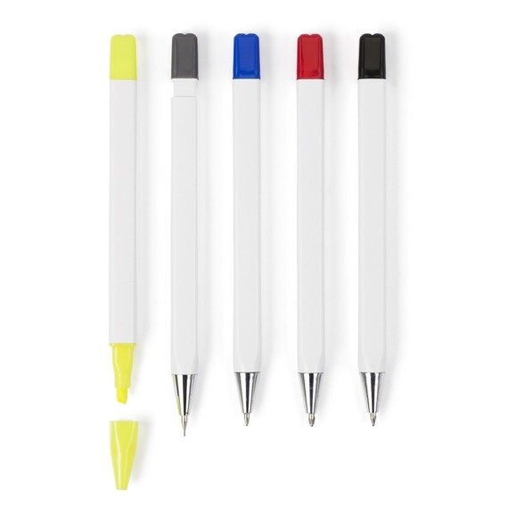 Zestaw piśmienny, ołówek, zakreślacz i długopisy z wkładem w kolorze nakrętki